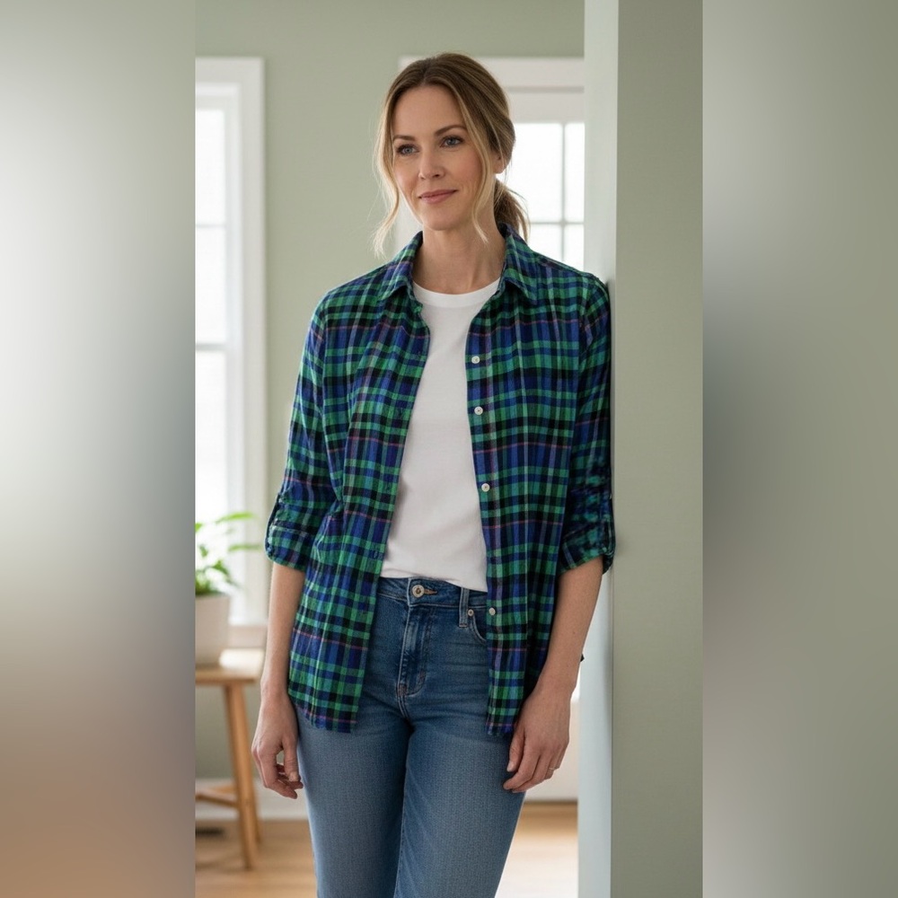 Women’s GAP Vibrant Plaid Shirt in Blue Green and Pink Flannel Size XS